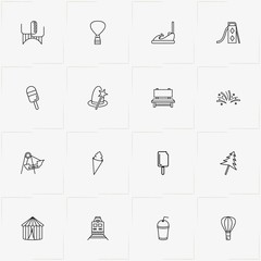 Amusement Park line icon set with circus tent, ice cream and air balloon