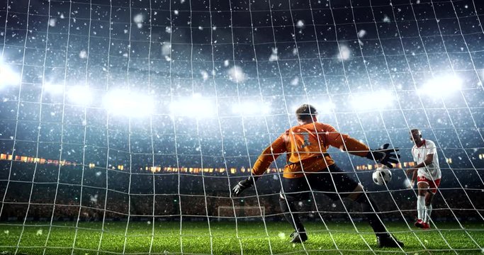 Goalkeeper shows great save from a penalty kick on a professional soccer stadium while it's snowing. Stadium and crowd are made in 3D and animated.