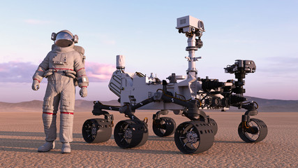Fototapeta premium Astronaut with mars rover, cosmonaut standing next to robotic space autonomous vehicle on a deserted planet, 3D rendering
