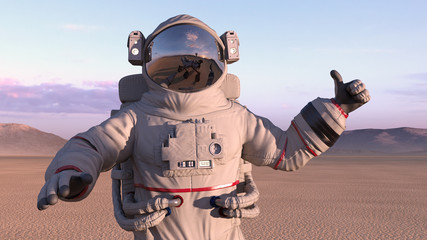 Astronaut giving thumbs up with reflection of mars rover on his helmet, cosmonaut on a deserted planet, 3D rendering © freestyle_images
