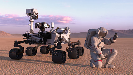 Astronaut with mars rover, cosmonaut kneeling next to robotic space autonomous vehicle on a deserted planet, 3D rendering © freestyle_images