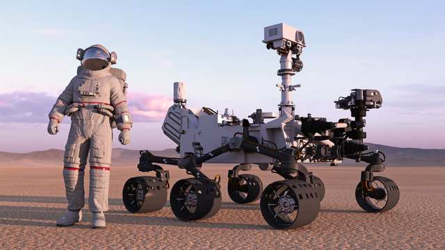 Fototapeta Astronaut with mars rover, cosmonaut standing next to robotic space autonomous vehicle on a deserted planet, 3D rendering
