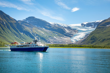 Ferry to Svartisen glacier seen from route Fv17, Norway