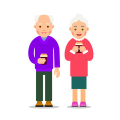 Old people drinking coffee. Elderly persons, man and woman standing and holding coffee cups. Cartoon illustration isolated on white background in flat style