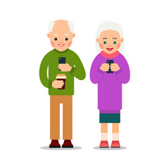 Old people with phone. Elderly persons, man and woman standing and holding mobile phone. Cartoon illustration isolated on white background in flat style