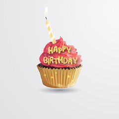 Cupcake. Sweet birthday cake with candle lit. Happy birthday