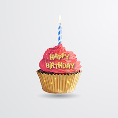 Cupcake. Sweet birthday cake with candle lit. Happy birthday