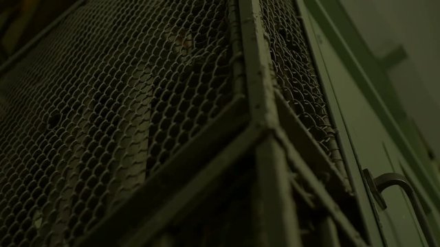 A vintage elevator is descending in dark old building.
