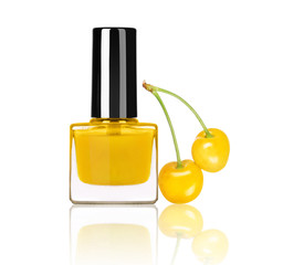 Bright nail polish with yellow cherries isolated on white background