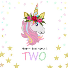 Second birthday greeting. Two text. Magical Unicorn Birthday invitation. Party invitation greeting card