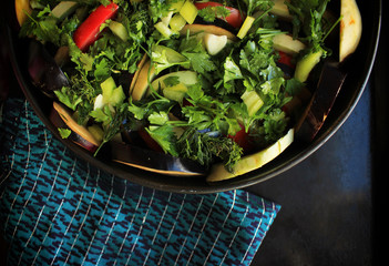 Ratatouille - traditional French Provencal vegetable dish cooked in oven. Vegetarian diet food -...