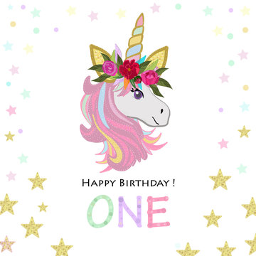First birthday greeting. One text. Magical Unicorn Birthday invitation. Party invitation greeting card