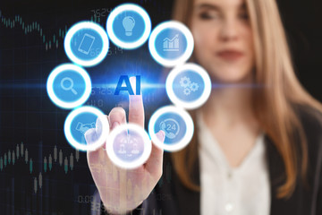 The concept of business, technology, the Internet and the network. A young entrepreneur working on a virtual screen of the future and sees the inscription: AI