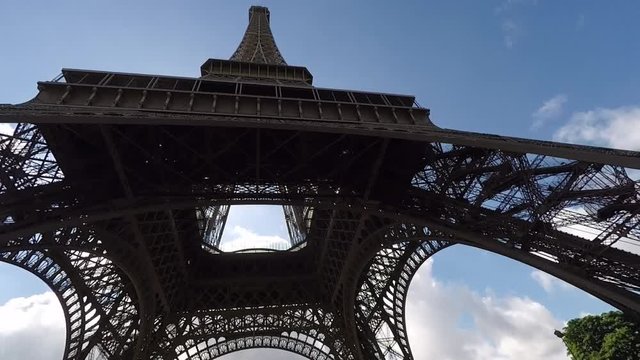 Shot from underneath the Eiffel Tower in Paris, France.
