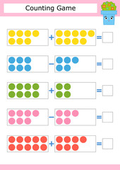 Counting game for preschool children. The study of mathematics. Addition and subtraction. Colored circles. With a place for answers. Simple flat isolated vector illustration.