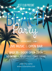 Obraz premium Summer party invitation template invitation. Beach party invitation with umbrellas. Poster or flyer Summer party vector design.
