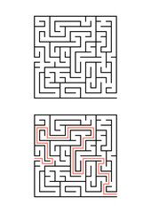 A square maze for children. Simple flat vector illustration isolated on white background. With the answer.
