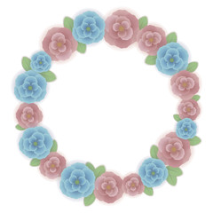Fototapeta na wymiar Pink-blue vector floral wreath with green leaves and shadow object isolated on white background.