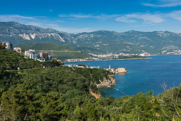 Obraz premium Panoramic view of the Budva Riviera from the observation deck of the fortress of the Old Town. Budva. Montenegro.