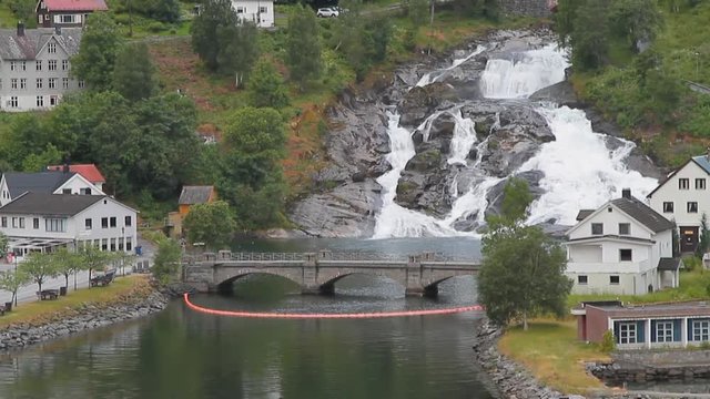 Settlement, bridge and falls. Hellesylt, Norway