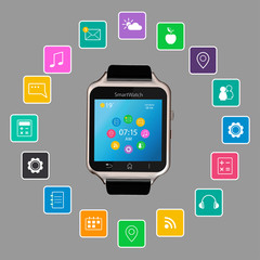 Smart Watch device display with app icons. Isolated on gray background.