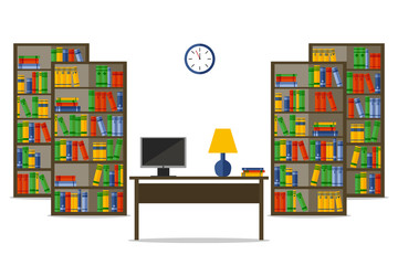 Bookcases and desk inside house or office. Flat Vector Illustration for web site, print, infographic.