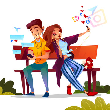 Young couple dating vector illustration of teen boy and girl sitting on bench together with flowers bunch and occupied with smartphones chat and busy with selfie photo and social network.