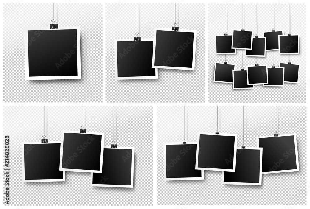 Poster set of blank photo frame set hanging on a clip. retro vintage style. black empty place for your text