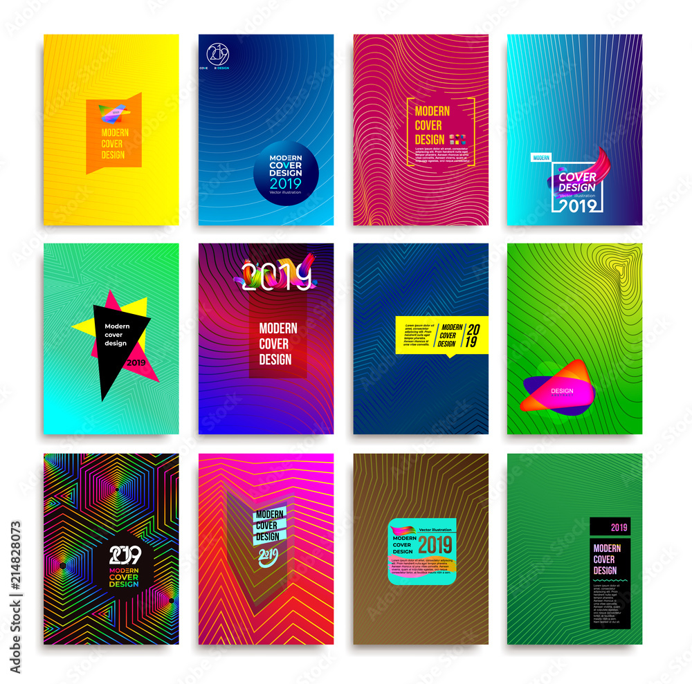 Poster set of modern cover design with dynamic colorful halftone geometric gradient. template for presentat