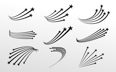 Set of abstract falling black star. Shooting star with elegant star trail. Meteoroid, Comet, Asteroid, Stars. Vector illustration. Flat design. Isolated on white background