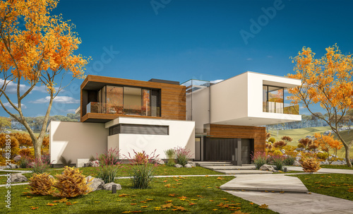 3d Rendering Of Modern Cozy House By The River With Garage For