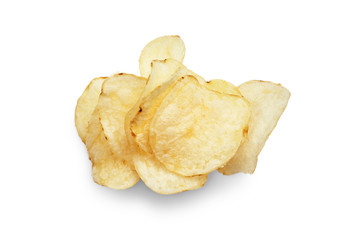 Potato chips isolated on white background close-up.