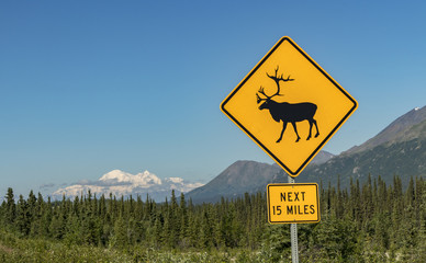 Caribou Crossing road sign with Denali (formerly Mount McKinley) in the background, on a highway in Denali National Park and Preserve in Alaska, USA in summertime.
