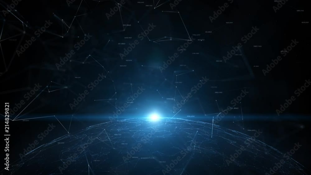 Poster cyberspace network sphere with artistic lens flare light and flying random numbers.