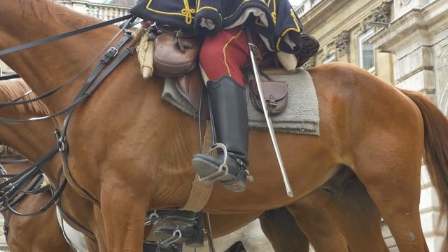 XIX Century Hussar historical officer on horse guarding.