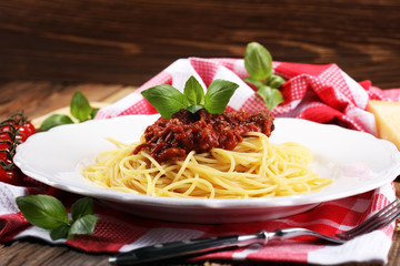 Plate of delicious spaghetti Bolognaise or Bolognese with savory minced beef
