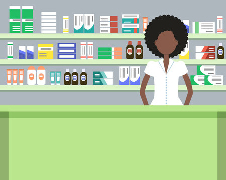 Web banner of a pharmacist. Cute black woman in the workplace in a pharmacy: standing in front of shelves with medicines. People icon. Vector illustration in a cartoon style