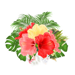 Bouquet with tropical flowers  floral arrangement, with  red pink and yellow hibiscus and white orchid palm,philodendron  vintage vector illustration  editable hand draw