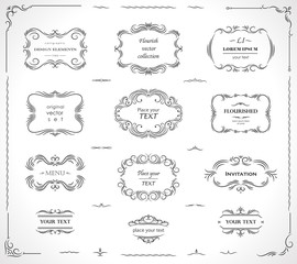 Set of flourish frames, borders, labels. Collection of original design elements. Vector calligraphy swirls, swashes, ornate motifs and scrolls. 