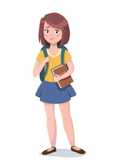 Cute school girl is standing with a book. Vector illustration.