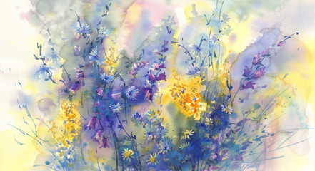 sunny meadow flowers watercolor background - obrazy, fototapety, plakaty