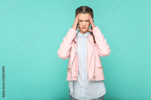 Pain Or Headache Portrait Of Beautiful Cute Girl Standing