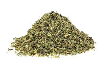 Mixed Italian herb seasoning on a white background