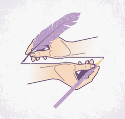 Loop Of Times. Two human hands, drawing itself. Vector illustration on the subject of 'Professions'.