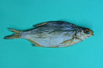 one big dried fish on a green table