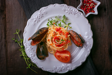 Pasta with mussels. Top view