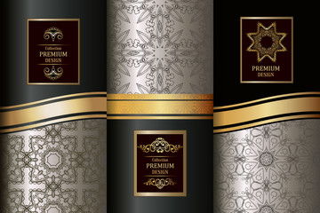 Fototapeta premium Collection of design elements,labels,icon,frames, for packaging, luxury background. Golden vintage design elements.