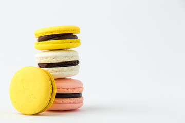 Cake macaron or macaroon isolated on white background, sweet and colorful dessert