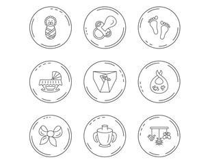 Pacifier, newborn and baby toys icons. Footprint.