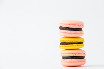 Cake macaron or macaroon isolated on white background, sweet and colorful dessert